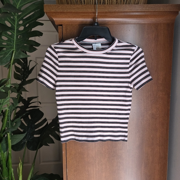 H&M Tops - H&M Divided Ribbed Striped Tee in Black, White, and Pink